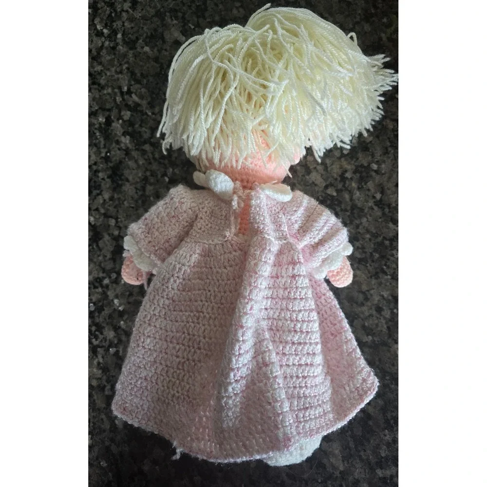 Vintage Handmade Crochet Doll Blonde Hair Pink Dress Amigurumi Soft Toy‎ Plush